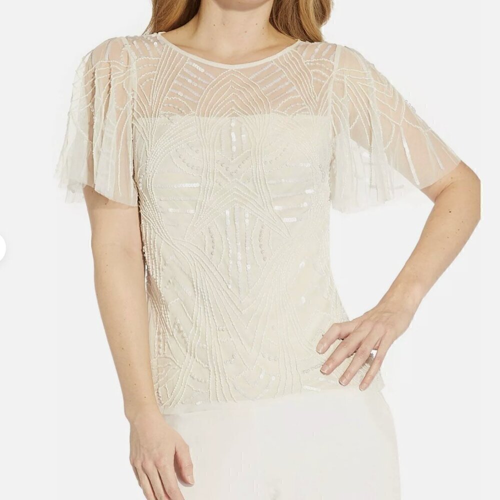 Adrianna Papell Ivory Pearl Beaded Flutter Sleeve Top Sz. 4